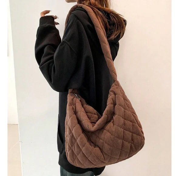 Luxe Quilted Corduroy Puffer Messenger Shoulder Crossbody Travel Bag - Picture 4 of 12